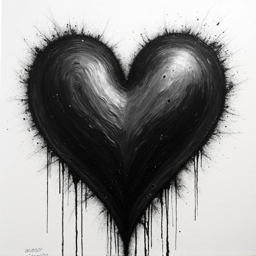 Create an abstract heart shape with a swirling design in black and white colors. The heart should have soft curves and textured drip effects.