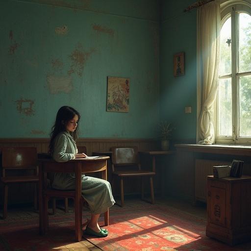 A girl seated in a classroom writing. The scene has a spooky atmosphere. The room features old illustrations reminiscent of French children's books.