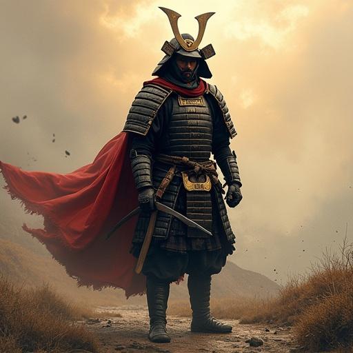 A lone samurai warrior stands in a dramatic landscape. The warrior wears traditional armor and a flowing red cape. The sky is moody and filled with clouds. The ground is rugged and barren.