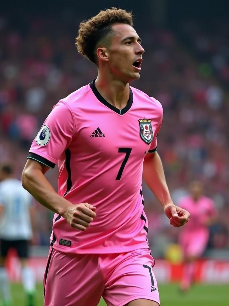 Image features a male soccer player actively engaged in a game. The player wears a pink jersey with the number 7. The background shows a cheering crowd, creating a lively atmosphere. The player is the main focus of the image, capturing a competitive moment.