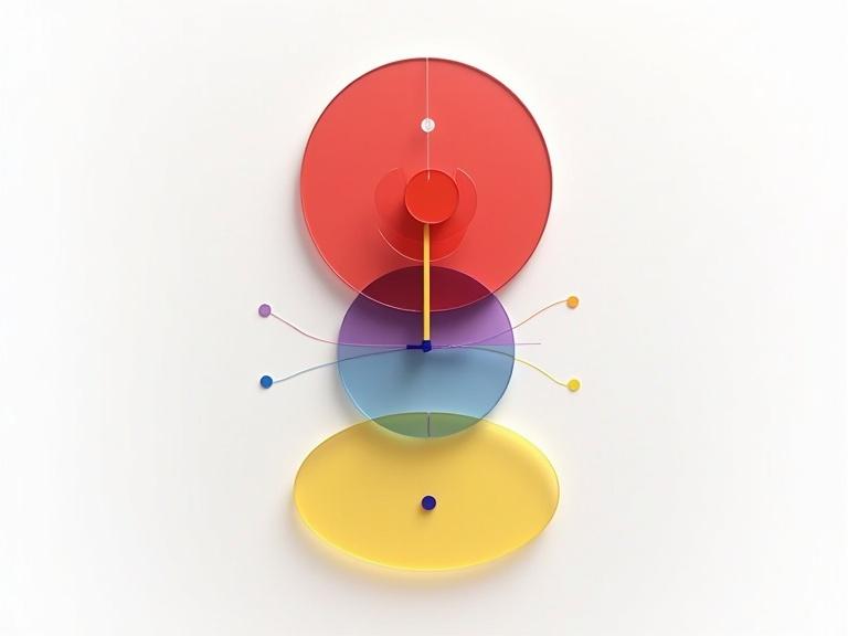Colorful abstract geometric composition with 3D glass effect on a white background. Features translucent overlapping shapes. A large red oval dominates the top. A thin vertical yellow circle intersects it. Below are two circular discs in blue and purple. A curved line arches underneath these elements directing the gaze down to a bright yellow oval shadow with a small blue circle. White background enhances vibrant colors. Soft gradient edges create depth. The composition balances organic and structured shapes invoking playful yet harmonious atmosphere.