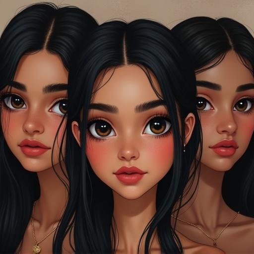 Generate an image of several teenage girls featuring large almond-shaped brown eyes dark hair warm skin full red lips thick eyebrows.