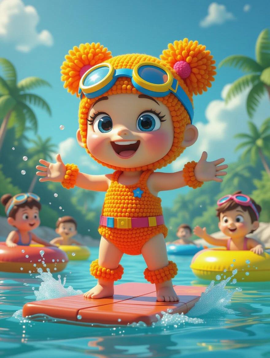 3D character made from colorful yarn pom poms. Child in bright orange swimsuit and goggles. Standing on diving board. Surrounded by children and inflatables. Water splashes around. Inspired by vibrant animation style.