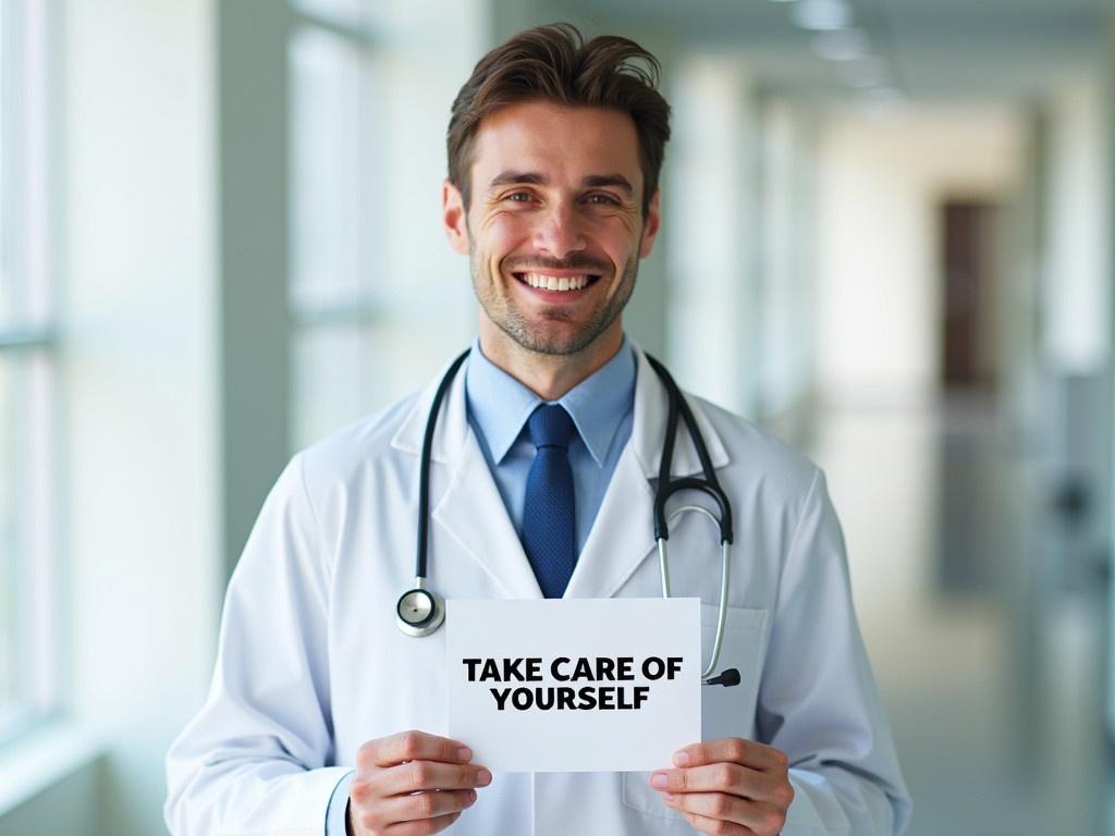 A person dressed in a doctor suit is standing confidently, holding a card in front of them. The card has bold text that reads "TAKE CARE OF YOURSELF". The doctor has a phonendoscope draped around their neck, symbolizing their profession. The setting is bright and professional, suggesting a clinical environment. The doctor has a friendly expression, encouraging self-care and wellness.