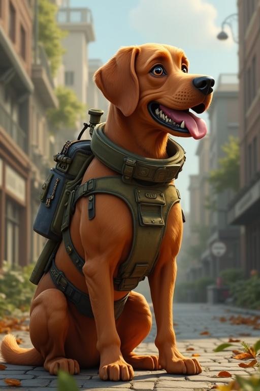Animated image of a dog wearing a tactical harness. The dog is sitting on a city street, smiling with a playful demeanor. Background depicts a modern urban environment with a warm, inviting atmosphere.