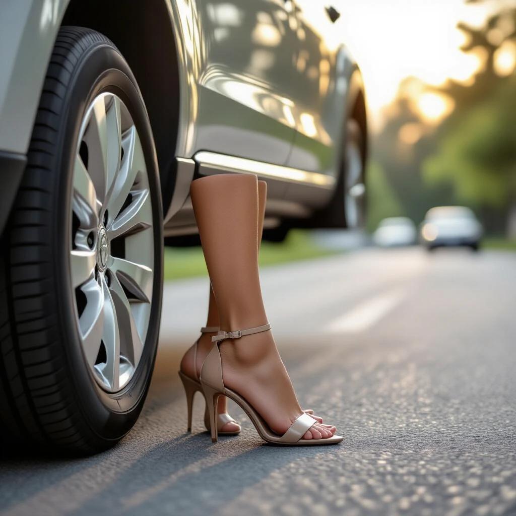High heeled shoes next to a modern car on a roadside. Elegant leg in stylish footwear. Sunlight illuminating the scene. Men and women passing in the background. Impeccable fashion statement.