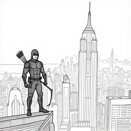 Coloring page featuring character Green Arrow standing on a rooftop with starling city in the background. Simple black outlines for coloring.