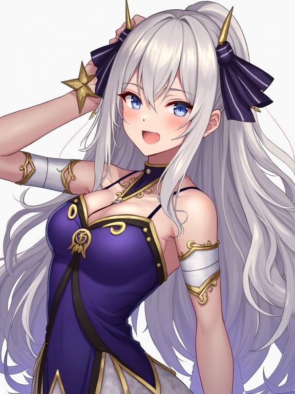 Anime character design featuring a girl from a video game. She has long white hair, blue eyes, and a purple dress with gold accents. The pose is cheerful with a playful expression.
