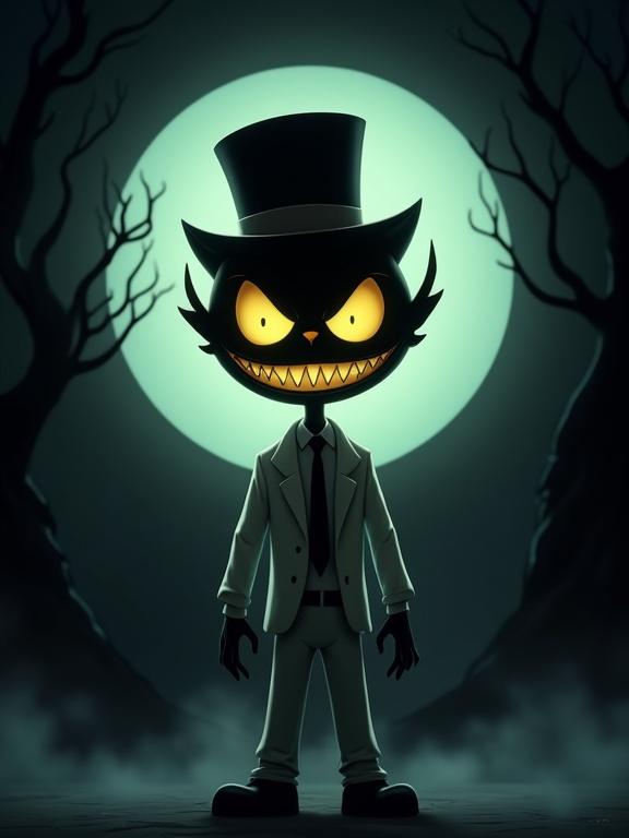 Creepy cartoon character with glowing yellow cat-like eyes and sharp teeth. Character wears a top hat and a white suit. Character stands in a dark spotlight against a moody background that fades to black. Background includes silhouettes of crooked trees, fog, and eerie shadows. Character is in sharp focus, maintaining a cartoon horror style.