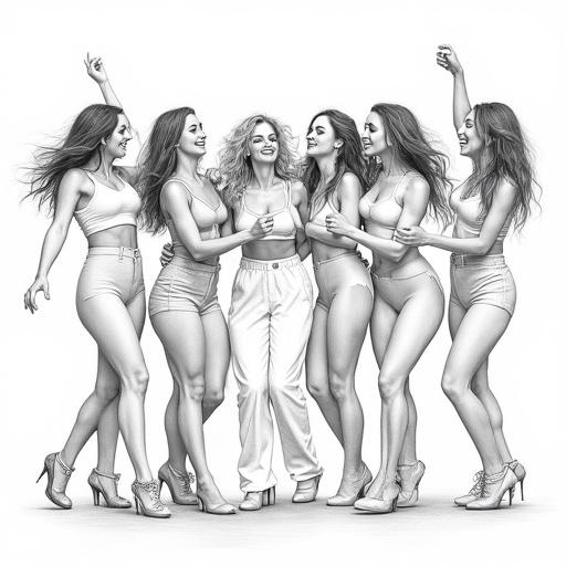 Pencil drawing features a happy group of women dancing and having fun at a party. They are against a clean white background. The artwork showcases detailed linework with strong textures. Each woman has a unique dynamic pose and joyful expression.
