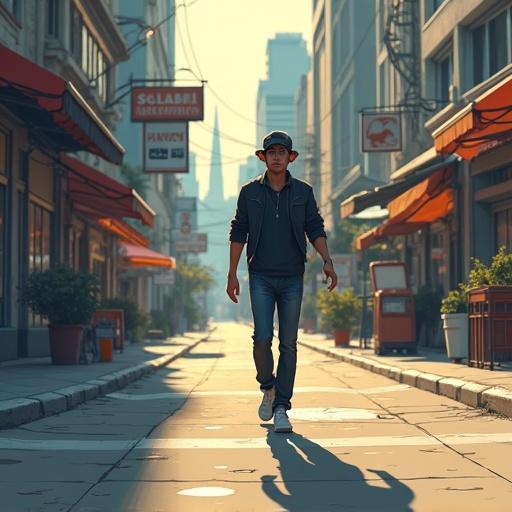 Anime style illustration featuring a man walking down a sunlit street. Empty urban environment with storefronts and warm lighting. Character dressed casually. Street scene captures an emotional journey.