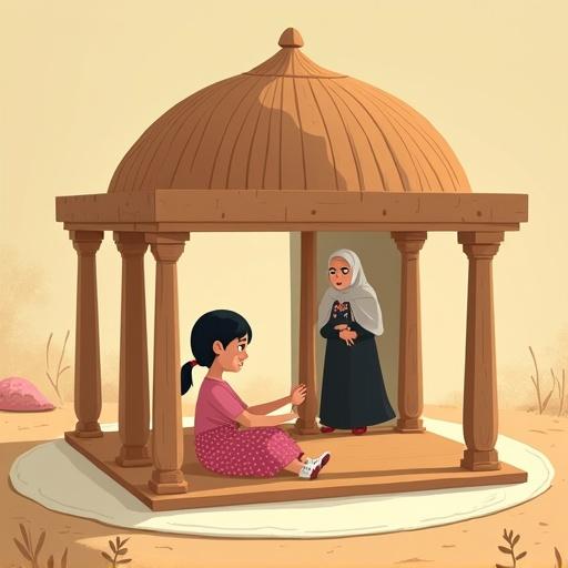 Flat-style children's illustration of a symbolic wooden house. Inside, a girl named Layla sits, crying and holding a wooden pillar. Outside, her grandmother stands in the distance wearing a hijab and a floral dress. Warm, soft lighting brightens the scene as dust settles and the house appears stable.