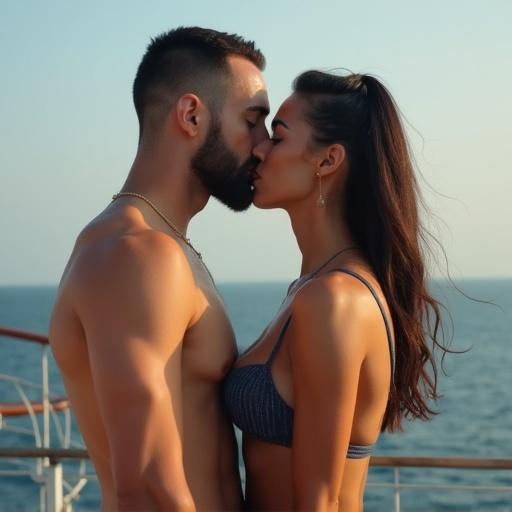 A couple shares a kiss on a ship's deck by the sea. The woman wears a swimsuit with a short hairstyle. The man stands closely, both smiling.