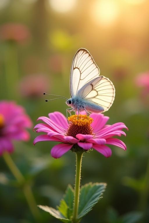 A white butterfly rests on a dark pink flower. The garden is illuminated by sunlight creating a peaceful ambiance.