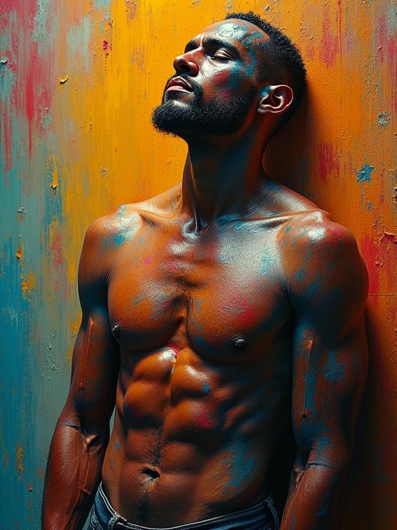 Portrait of a muscular man painted with vibrant colors. Background is textured and colorful. Dramatic lighting enhances the features. Artistic style combines neo-impressionism and expressionism. High-quality visual suitable for art discussions.