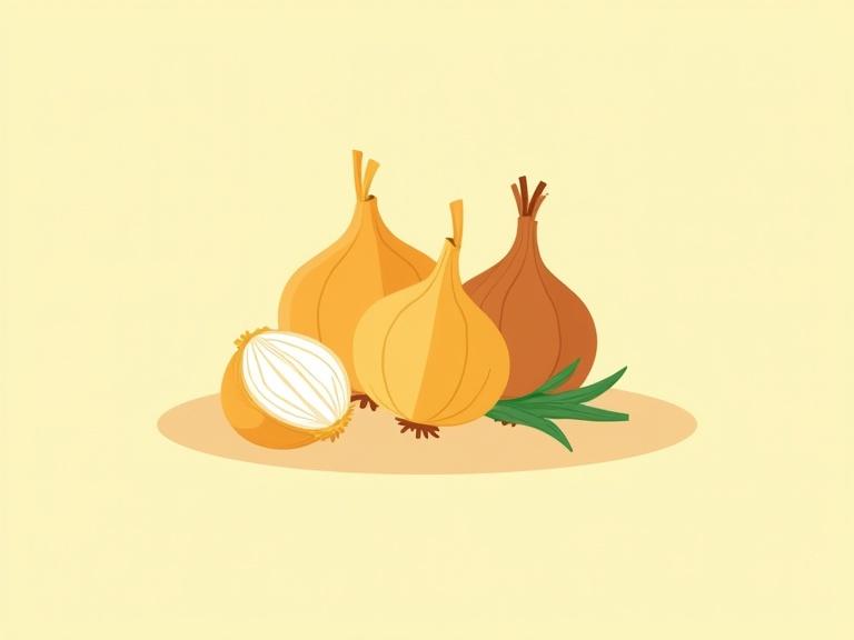 Ingredient is yellow onions illustrated in Duolingo style. It has a cheerful vibe. A cluster of smooth-skinned yellow onions is shown. One onion is partially peeled to reveal the white interior. Green onion sprouts are present. The background is a solid, plain color. No text included. Clean and minimalistic design.