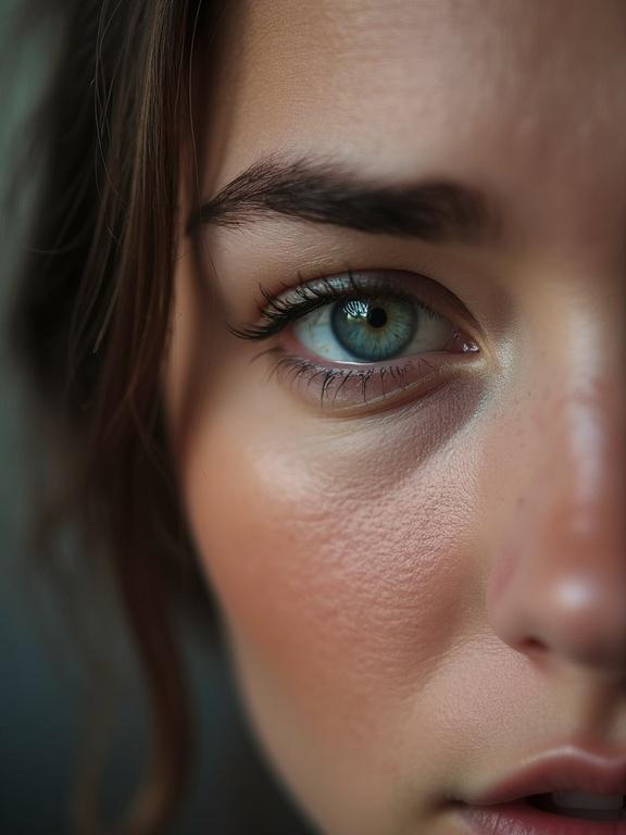 Close-up portrait of a woman with clear blue eyes and natural makeup. Soft lighting enhances her facial features and expression. The woman has wavy hair and is looking directly at the viewer, conveying emotions like confidence and engagement.
