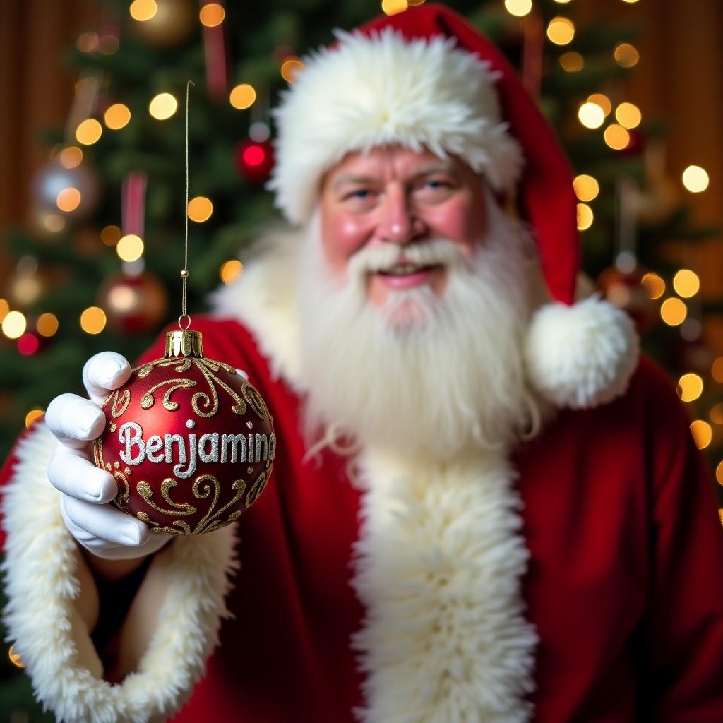 Santa holds a festive Christmas bauble with the name Benjamin. Warm holiday setting with a tree in the background. Soft bokeh lights create a joyful atmosphere.