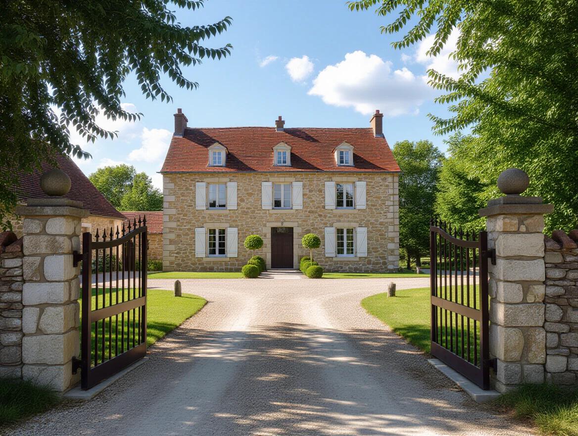 A renovated stone farmhouse typical of Crau style on a large property. A driveway lined with poplar trees leads from a typical gate to the house. The scene is sunny.