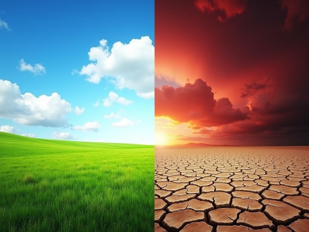 The image is a split-screen representation of two contrasting environments. On the left side, there is a vibrant, green grassy field beneath a bright blue sky. Scattered white clouds float in the sky, symbolizing a healthy and thriving ecosystem. In stark contrast, the right side presents a barren, cracked, and dry landscape. This area is under a dark, ominous red sky filled with heavy clouds, representing a drought-stricken or devastated environment. This striking visual effectively highlights the dramatic effects of climate change and environmental degradation.