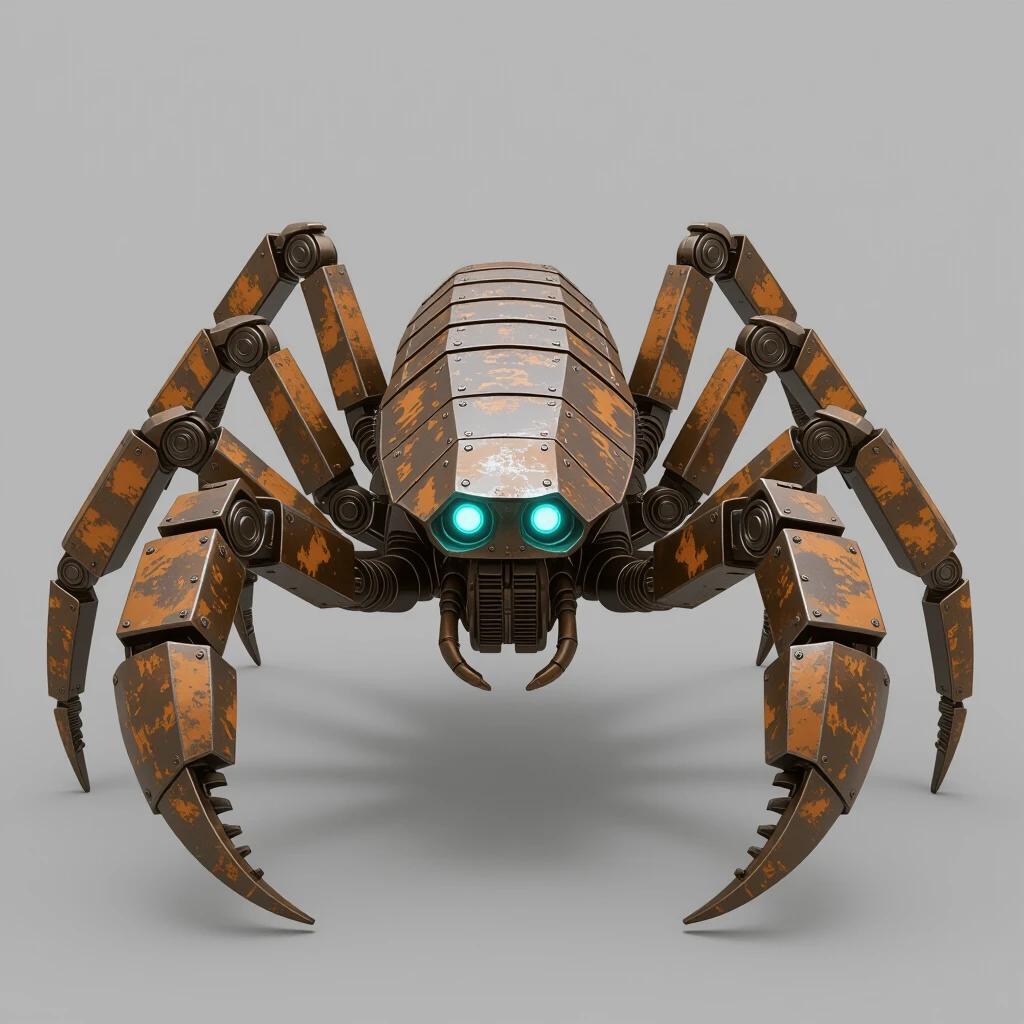 A large mechanical scorpion in realistic 3D style blends dieselpunk, steampunk, and modern industrial design. It has six rear legs armored with weathered bronze and steel plating. Exposed gears, rivets, and pistons are visible. The face resembles a Pacific Rim Jaeger helmet with four glowing blue eyes. The front limbs are sharp, blade-like pincers. Steam vents, copper tubing, and pressure gauges add steampunk elements. The scorpion stands on dusty desert terrain. A raised stinger tail and articulated claws enhance its menacing appearance.