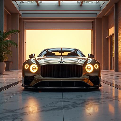 Anime theme showcases a super futuristic modern garage with a luxurious Bentley. The scene is set in a large, upscale mansion in Tokyo during noon. Light gold and onyx black colors dominate the Bentley.