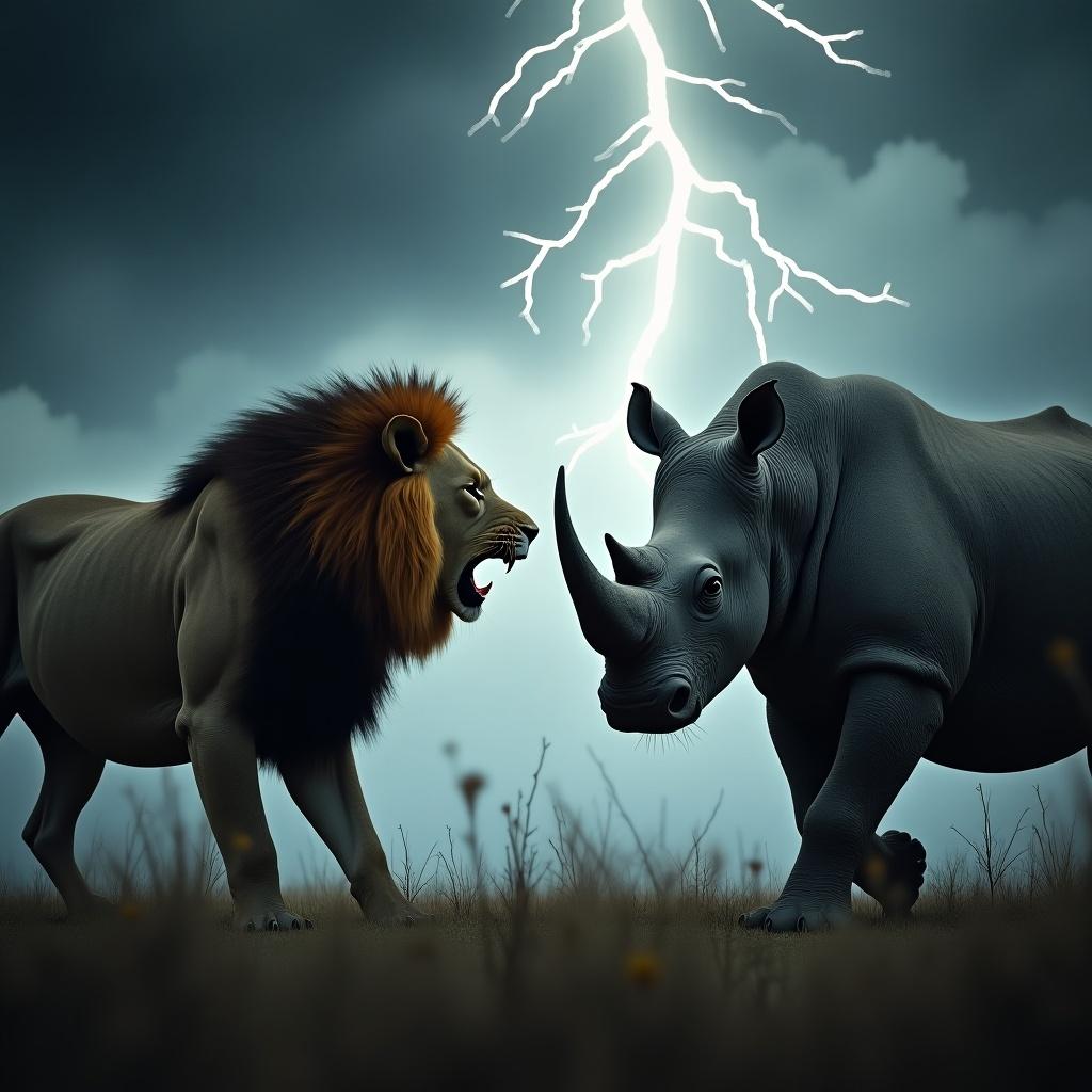 The image depicts a fierce confrontation between a lion and a rhino, set against a stormy backdrop. The lion has a majestic mane, growling with intensity. The rhino stands firm, displaying its massive size and distinctive horn. Dark clouds loom overhead, with flashes of lightning illuminating their faces. This creates a dramatic atmosphere, emphasizing the tension between these two powerful creatures. The scene captures the raw energy of nature and the spirit of these iconic animals.