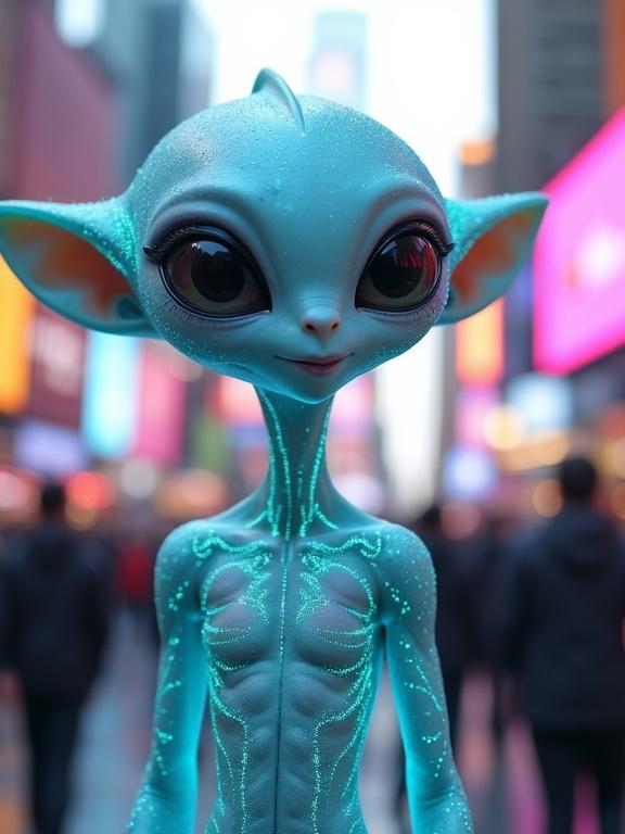 Design friendly alien character with cyan-blue skin in Times Square. Character has elongated features, glowing markings, and large soulful eyes. Wears advanced bodysuit with chrome and teal accents. Small drone camera hovers nearby. Captures candid portraits of NYC crowds, showing joy and connection. Alien engages with audience. Urban-futuristic vibe, colorful and emotional.