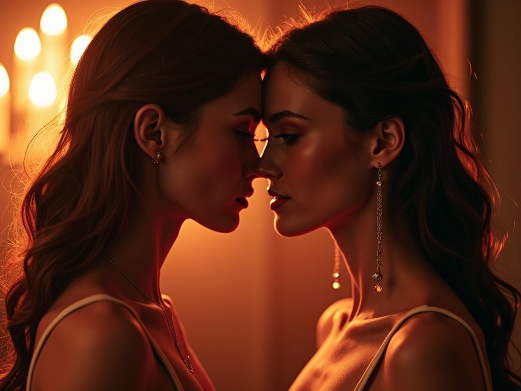 Two identical twin women close to each other. Young and slender with attractive features. Romantic atmosphere with warm lighting.