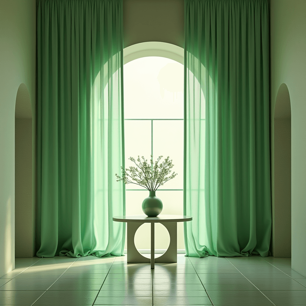 A minimalist room with green curtains and foliage in a vase by a large window.