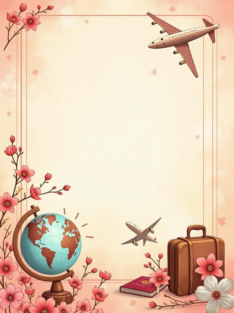 Design warm Mother's Day card cover. Incorporate travel elements and Taiwanese characteristics. Use soft warm tones. Include hand-drawn illustrations of globe airplane suitcase passport. Add Taiwan's flowers like plum blossoms. Create a cozy nostalgic travel theme.