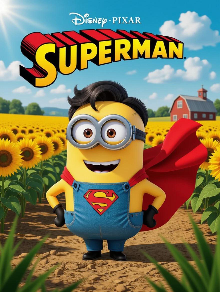 3D cartoon scene featuring a Minion dressed as Superman on a farm. Minion has rounded features, colorful expressions, iconic blue overalls, fluttering red cape, and 'S' symbol on chest. Positioned in foreground, heroic and confident pose facing horizon. Background includes a vibrant farm with red barn, white fences, well-kept green grass, fruit trees, a small tractor, and a clear blue sky with fluffy clouds. Lighting is soft, natural afternoon light creating a cozy cinematic atmosphere. Image in ultra high quality, 4K resolution, vivid saturated colors and sharp textures with realistic shading typical of 3D cartoon rendering. Composition conveys a fun, heroic, and welcoming feeling, suitable for children's animation.