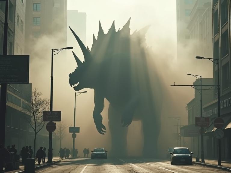 Cinematic scene featuring a giant monster like an ankylosaurus in a foggy city street. Scene depicts panic among people as the creature emerges from a deep hole in the ground, surrounded by dust and smoke. Includes traffic, tall buildings, and intense lighting effects.