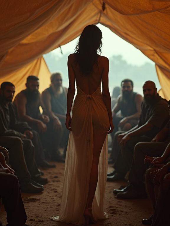 A woman in a backless dress stands elegantly inside a bright orange tent. A circle of rugged men seated around her. The image has an unfinished aesthetic with low resolution and over-saturation.