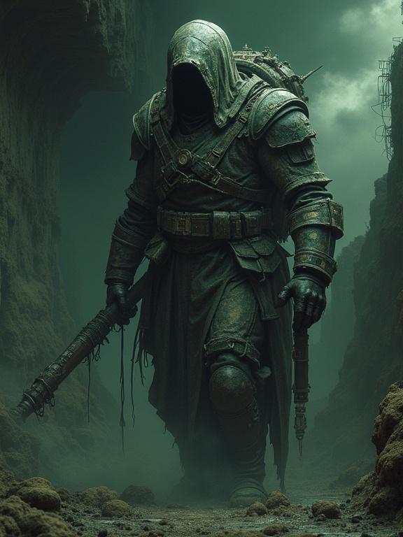 A hooded figure clothed in intricate armor enters a shadowy path surrounded by mist. The character carries a staff and has a serious demeanor. The atmosphere is dark and foreboding, evoking a sense of mystery and adventure.