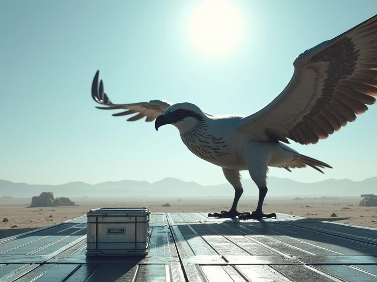 Cinematic live action scene features dark grey sleek osprey in a white desert. Blue sky overhead with bright sun in the background. Silver metal crate on a grating floor adds a sci-fi element. Image showcases realistic details, textures, and reflections.