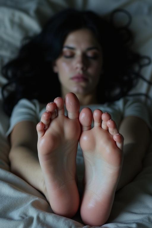 A mature goth woman lies in bed sleeping. She has long black hair. Her bare feet are revealed and show calluses on the soles. The focus is on her feet as she relaxes.