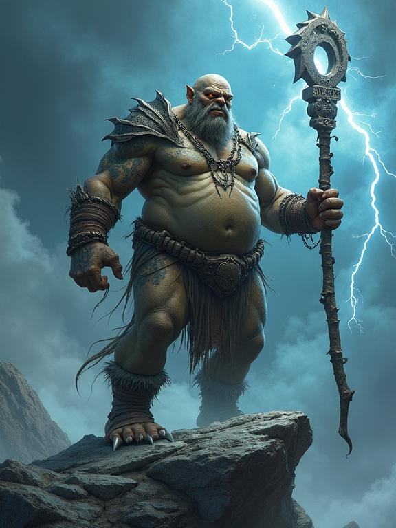 A huge orc shaman stands on a mountain peak. He has stubby arms and legs and a big round belly. Adorned with tribal tattoos and bone jewelry. Lightning crackles around him. He channels storm power with an intense expression. His staff has ancient runes. Rendered in photorealism with dynamic lighting and detail.