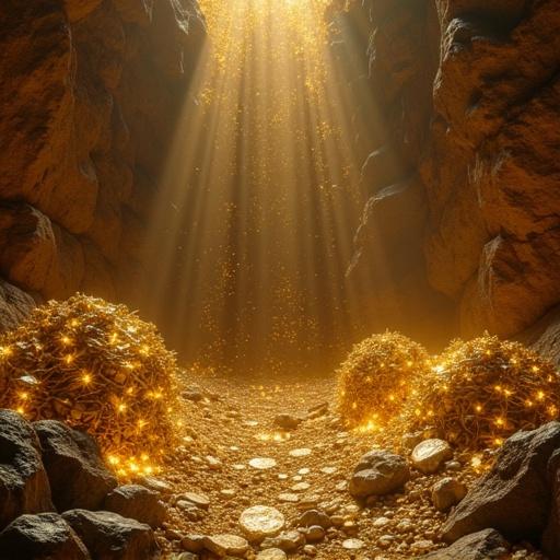 A cave filled with golden treasures and coins. Bright rays of light streaming from the cave entrance. Piles of gold sparkles in the foreground. Rocky cave walls surrounding the scene.