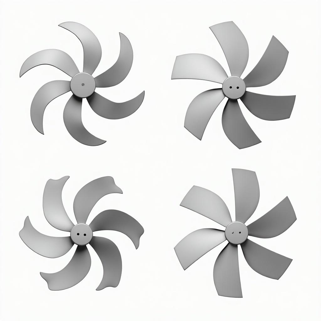 Four distinct fan designs are presented. The first design features five trapezoidal blades. The second design features three trapezoidal blades. The third design incorporates five leaf-shaped blades. The fourth design has three leaf-shaped blades.