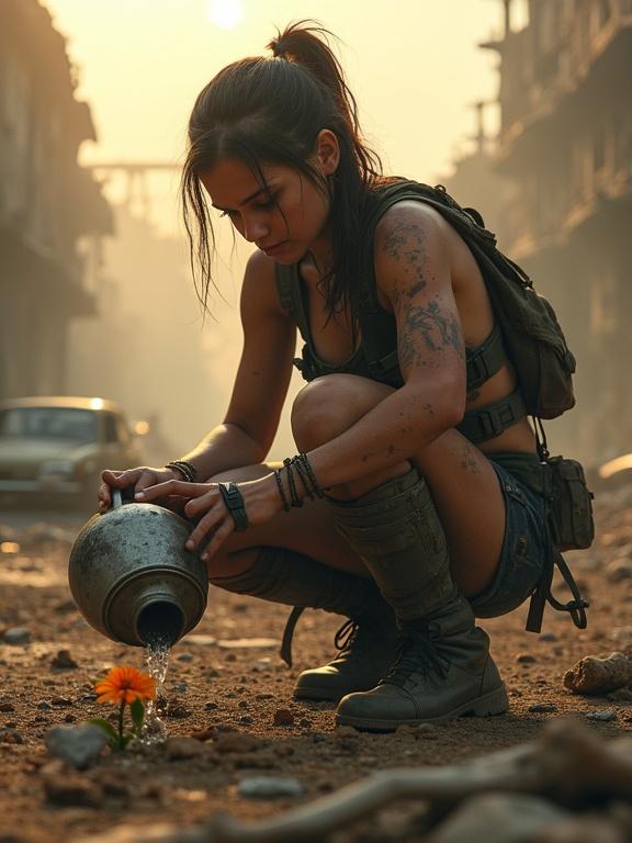 A post-apocalyptic landscape with destroyed infrastructure and a female warrior. The warrior has tattered combat gear and tattoos. She is pouring water on a single flower in rubble. The scene has golden lighting and a low camera angle.