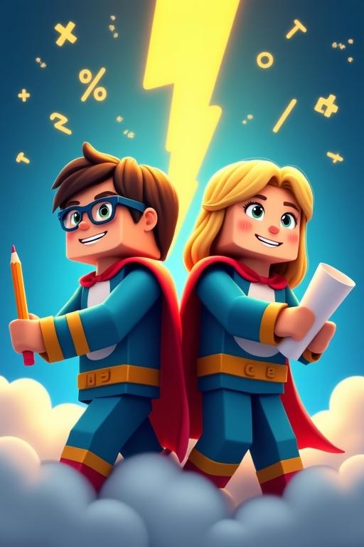 Two cartoon children resemble superheroes. One child is a boy with brown hair wearing glasses holding a pencil. The other child is a girl with blonde hair holding a rolled-up test paper. Both are back to back in superhero costumes with capes. The background is royal blue with a gradient. A large yellow lightning bolt is present above them along with floating math symbols. Clouds surround their lower bodies giving a sense of determination.