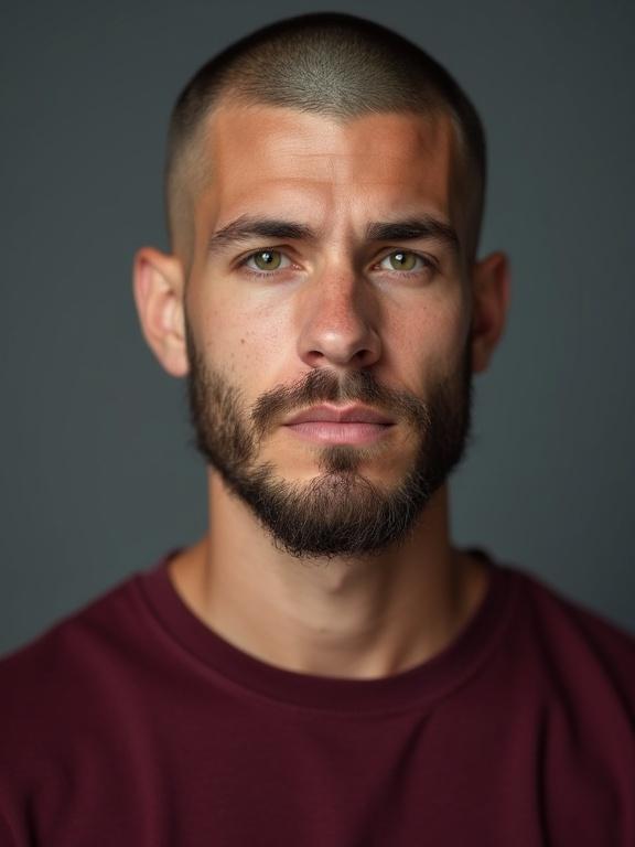 Studio portrait photograph features a young man with green eyes and a shaved beard. He has a closely shaved head and wears a deep burgundy t-shirt. The background is neutral and enhances his good complexion.