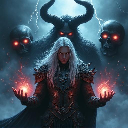 A dark mystical scene with a demonic figure and a handsome man. The man wears detailed armor and has long silver hair. He holds glowing orbs in his hands. The atmosphere is electrified with lightning and menacing skulls. The background has storm clouds and hidden skulls.