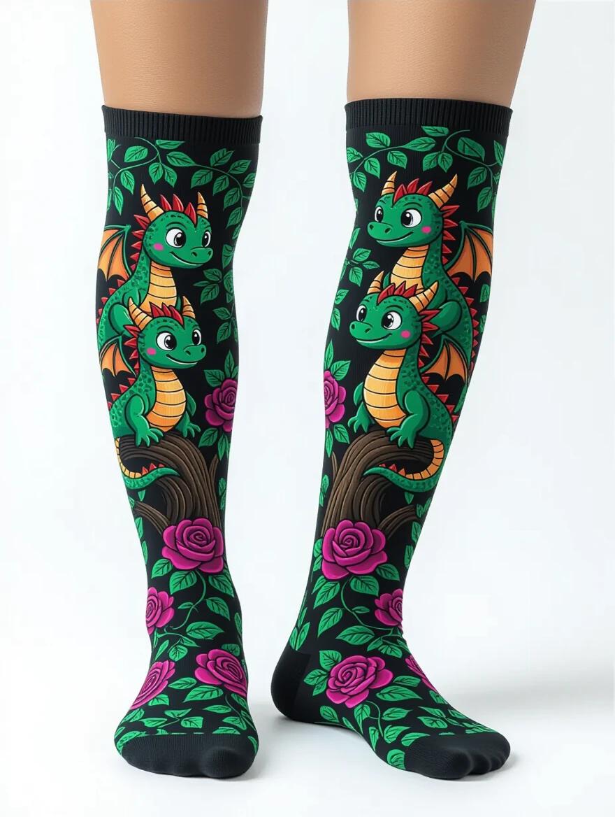 Close-up of thigh-high socks with adorable dragons. Dragons hide behind a tree with ivy and roses. Vibrant dark colors used. High definition photograph with a black background.