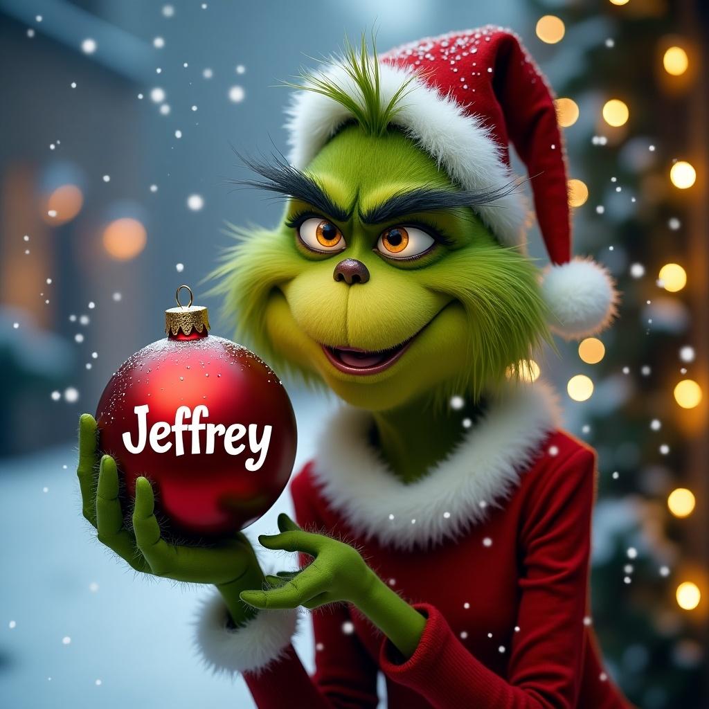 Grinch character holds a Christmas bauble. The bauble has the name Jeffrey. Background features snow and Christmas lights.