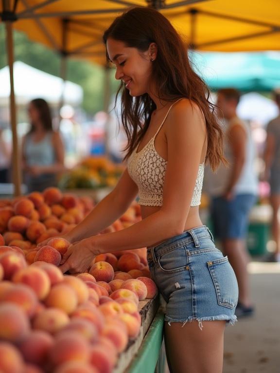Young woman at a farmers market stall. Woman wears short cutoffs and a crop top. She bends slightly to reach for peaches. Smiling expression. Scene captures a casual market atmosphere.