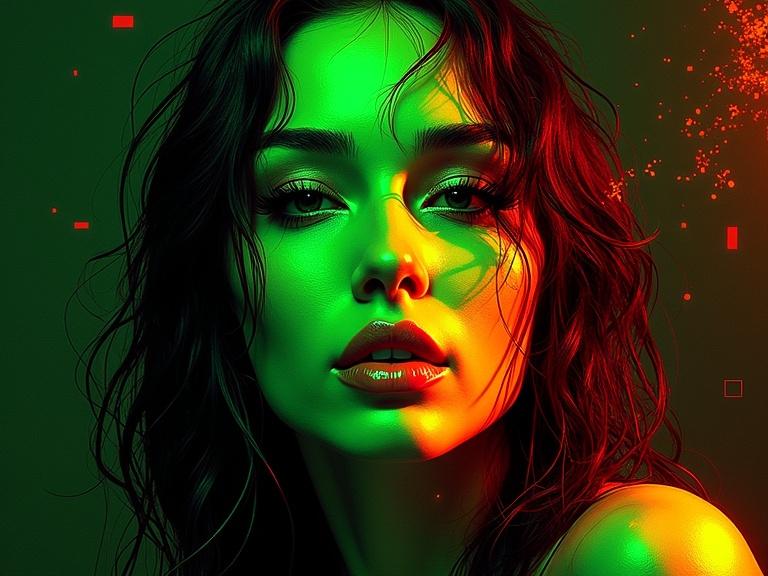 High-contrast abstract art featuring neon green and orange colors. Subject has a sexy femme fatale aesthetic. Dark background emphasizes vibrant hues.