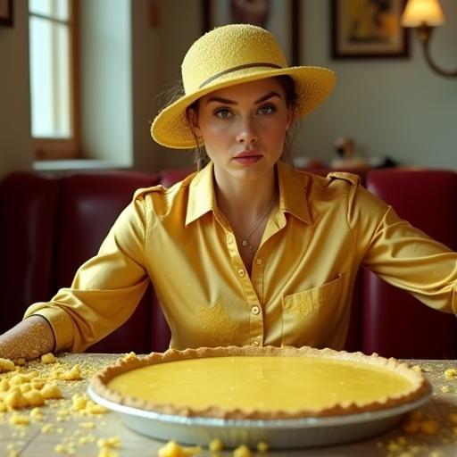 A woman sits in a restaurant with a custard pie on the table. She wears a shiny gold satin shirt and argent satin leggings. The scene is messy with substance on her shirt and table. The atmosphere is comedic and disordered. Bright neutral light illuminates the setting and the filling spread around.