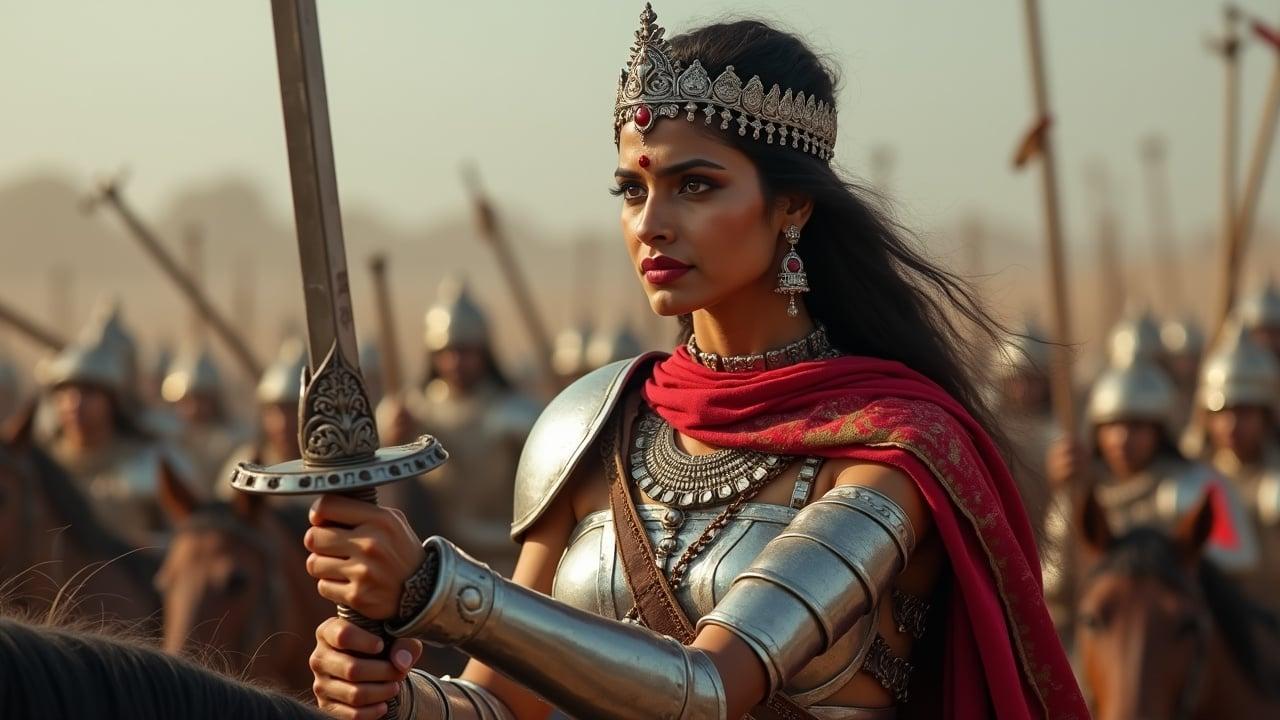 Queen Durgavati prepares for battle wearing ornate silver armor with a red dupatta. Intense eyes with a red bindi reflect courage. She mounts her horse, raises her sword commanding her army.